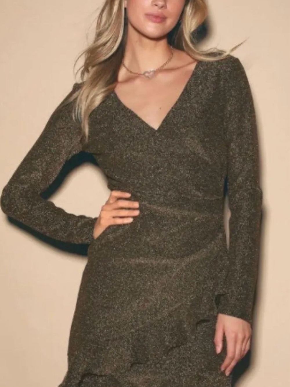 Long Sleeve V-Neck Ruffle Hem Dress in Olive Sparkle